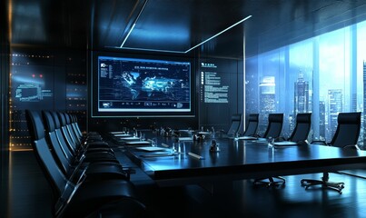 A futuristic boardroom overlooking a cityscape.