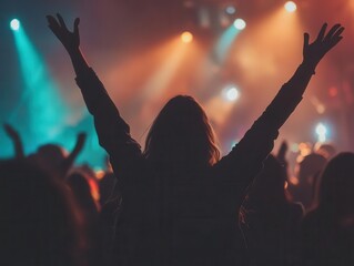 silhouettes of a cheering crowd at a music concert, arms raised in elation, capturing the excitement and energy of live performances and shared moments of joy in a vibrant atmosphere