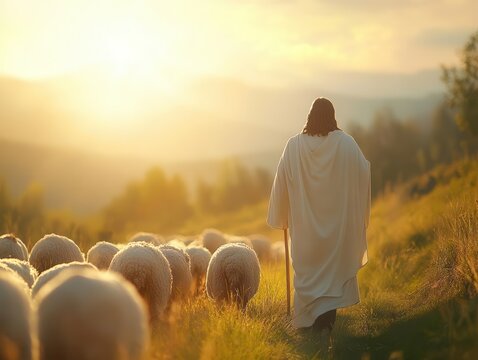 shepherd figure representing jesus christ lovingly guiding sheep in a bright sunlit field, embodying themes of faith, spirituality, and pastoral care in a serene landscape