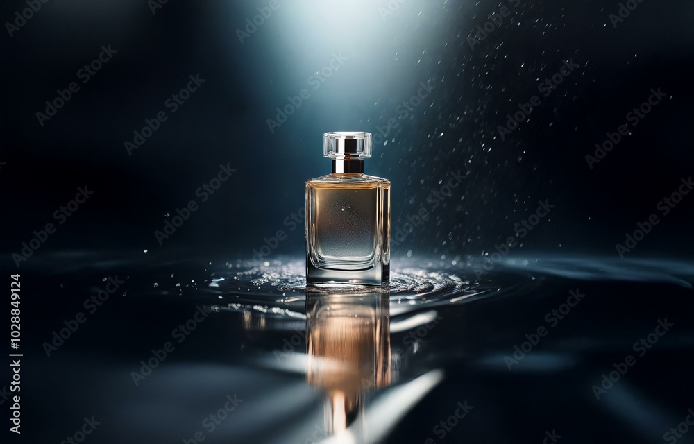 Poster a clear glass bottle of perfume sits on a dark surface, partially submerged in a puddle of water, wi