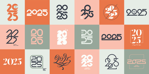 Naklejka premium Big set of 2025 new year logo. Number of year design. Design elements for invitation, calendar, greeting card, etc. Vector illustration.