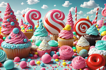 A beautiful, dreamy candy land with colorful pastel sweets, lollipops, cream cupcakes, doughnuts and candy balls. Miniature candies, sprinkles and a pink sugar Christmas tree. Artistic food illustrati