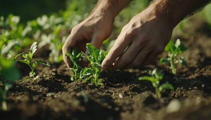 Close-up of farmer's hands planting seedlings in a regenerative agriculture field