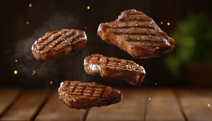 Realistic grilled pork chops flying mid-air in a detailed food display