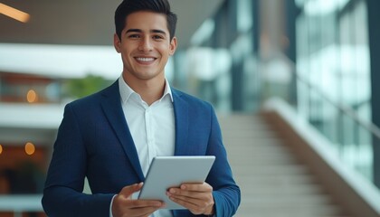 Confident young Latin businessman using a tablet in a modern office setting