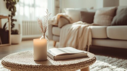 Minimalist interior design featuring a coffee table with one book and a candle, set against light, airy furnishings.