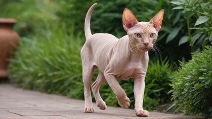 Red sphynx cat in the garden
