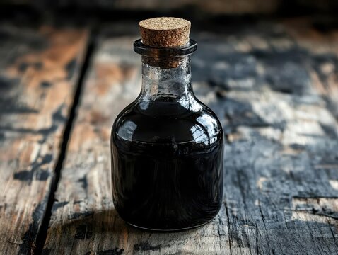 small glass bottle with a cork stopper containing a dark, mysterious liquid, set on a rustic wooden surface, creating a sense of intrigue and curiosity, evoking thoughts of potions or elixirs
