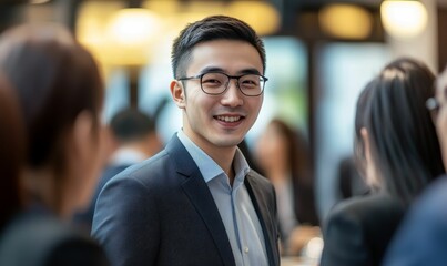 Smiling man in suit and glasses, blurred background.