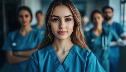 Fototapeta premium Young nursing student and her team dressed in scrubs at the hospital