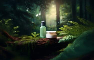 Two bottles of natural beauty products resting on a moss-covered log in a lush forest.