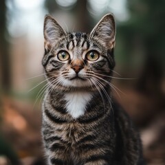 Obraz premium A curious tabby cat exploring a serene forest in the afternoon light