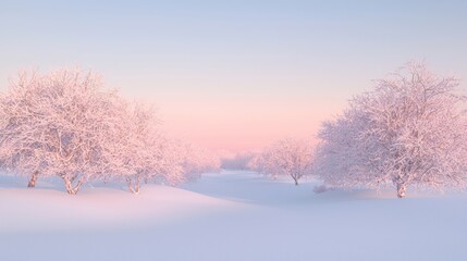 Fototapeta premium Tranquil Christmas Dawn: Serene Snowy Landscape in Soft Pastel Hues with Cinematic Light