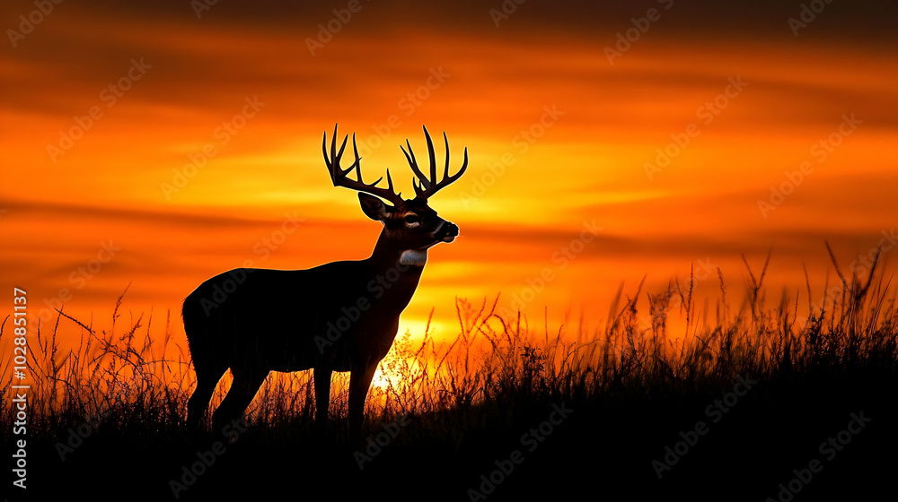 Poster A silhouette of a deer against a vibrant sunset backdrop.