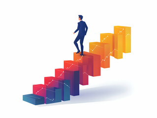 Professional Businessman Climbing Stairs of Bar Graphs Symbolizing Growth � Minimalist Flat Vector Illustration for Business Success Concept