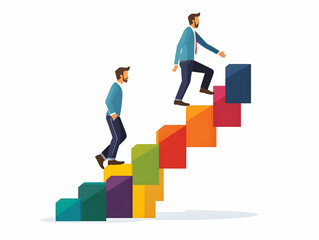 Flat Vector Illustration of a Businessman Climbing a Stairs of Bar Graphs, Representing Business Growth and Progress in a Clean, Minimalistic Style with Ample Copy Space.