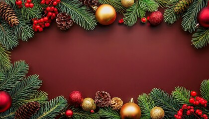  Christmas border frame design copmosition of noble fir tree branch and red golden decorations balls baubles berries pine cones