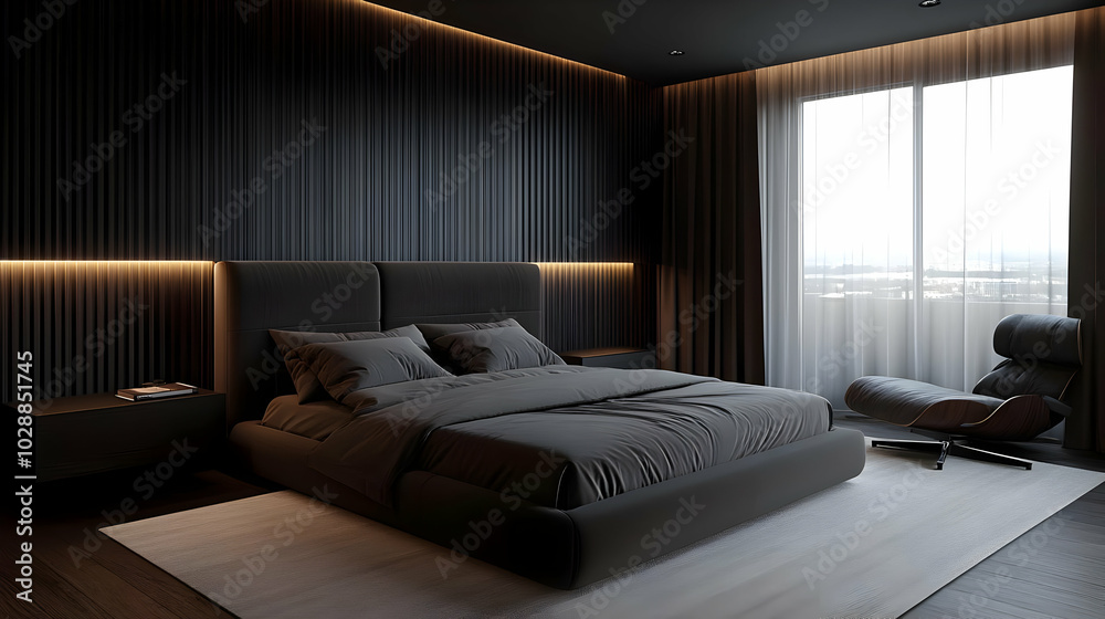 Wall mural Modern bedroom with dark tones and minimalist design.