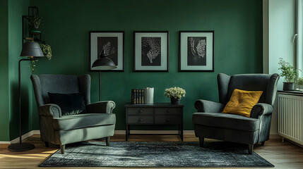 Cozy living room with green walls and stylish furniture.