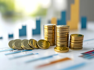 Flat Vector Illustration of Investment Coins & Growth Chart on Glossy White Background, Emphasizing Financial Growth, Wealth Management & Investment Opportunities for Advertisements