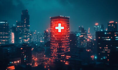 Fototapeta premium A neon cross on a skyscraper in a city at