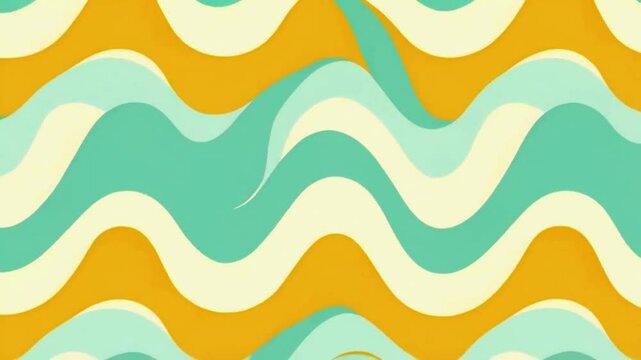 repeating wavy pattern inspired by vintage 70s wallpaper, with soft colors like mint green, mustard, and sky blue. shapes gently shift, breathing, 4k High-Quality background Animation Video