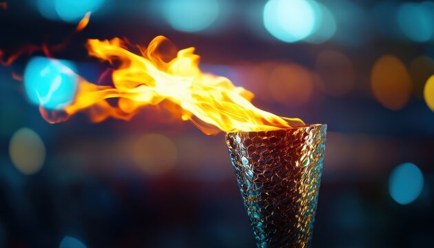 Flame ignites in Olympic torch at vibrant sports arena during major event