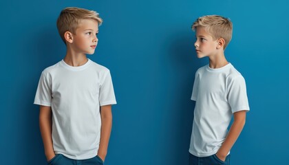 Young boy in a white shirt stands against a blue background for t-shirt mockup