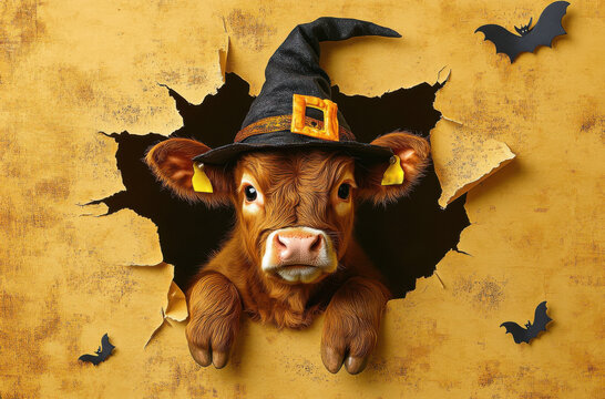 Fototapeta Baby highland cow wearing halloween witch hat, looking thru torn wallpaper hole, copy paste banner, Halloween theme
