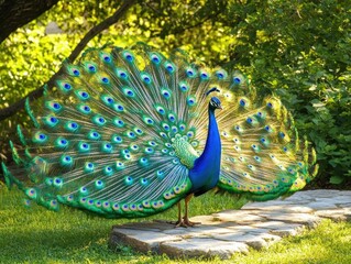 Obraz premium stunning peacock displaying its iridescent feathers in a lush garden, showcasing vibrant blues and greens under bright sunlight, creating a captivating and colorful scene