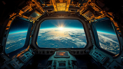 View of Earth from a spacecraft with sunrise over the horizon.