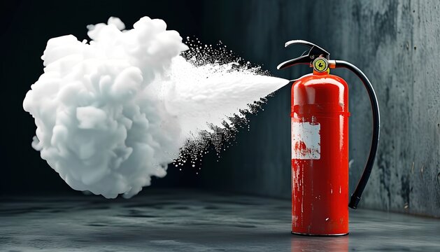 Red fire extinguisher releasing white foam in a dark industrial setting.
