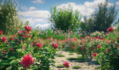 Beautiful rose garden in full bloom, 4K hyperrealistic photo.