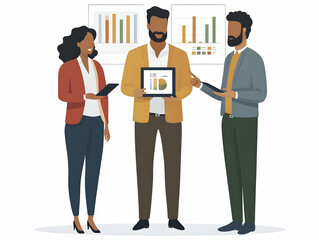 Fototapeta premium Flat Financial Advisor Presenting Financial Projections on Tablet to Clients in Bright Office Setting - Professional Consultation Scene with Copy Space