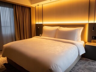 stylish sleeping room with ambient glowing lights creating a relaxing atmosphere. soft bedding and tasteful decor enhance the comfort of the space, inviting tranquility and restful sleep