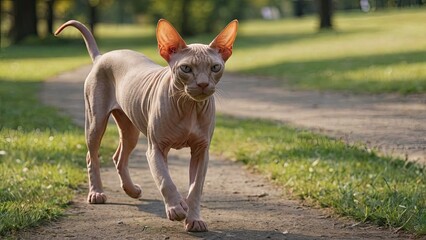 Red sphynx cat in the park
