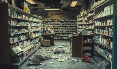 A ruined pharmacy with shelves of medicine and debris on
