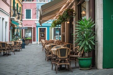 Fototapeta premium A street with a cafe and a potted plant