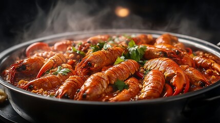 Steaming pot of spicy crawfish with parsley and peppers.