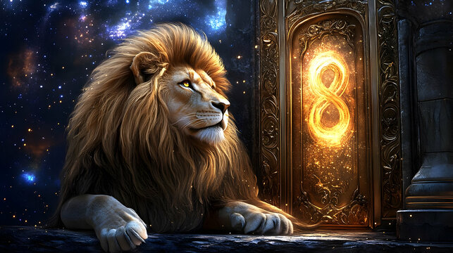 A majestic lion rests near a glowing number 8 in a cosmic setting.