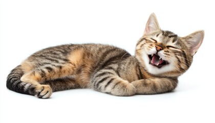 Obraz premium Happy and cute cat laughing joyfully while lying on a white background