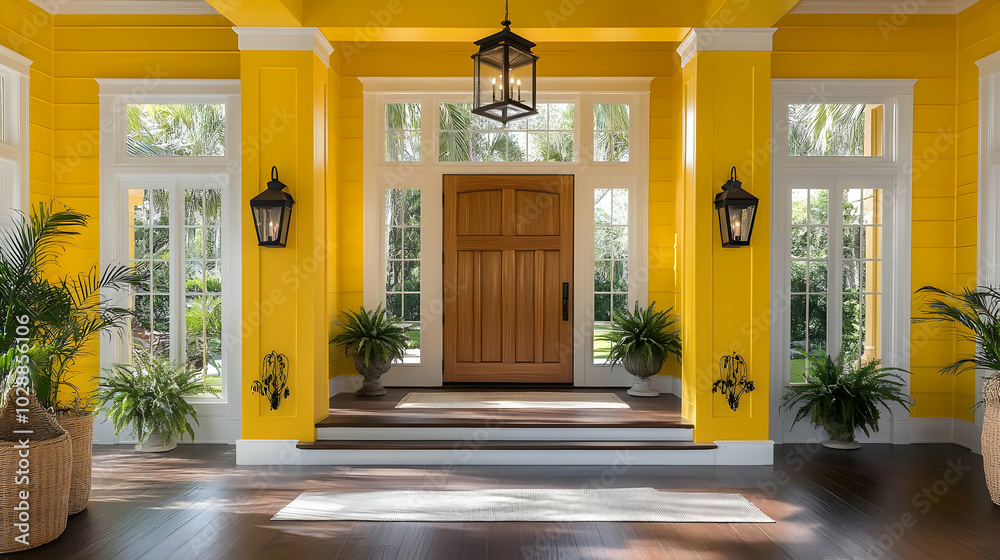 Sticker Bright entryway with yellow walls and wooden door, surrounded by plants.