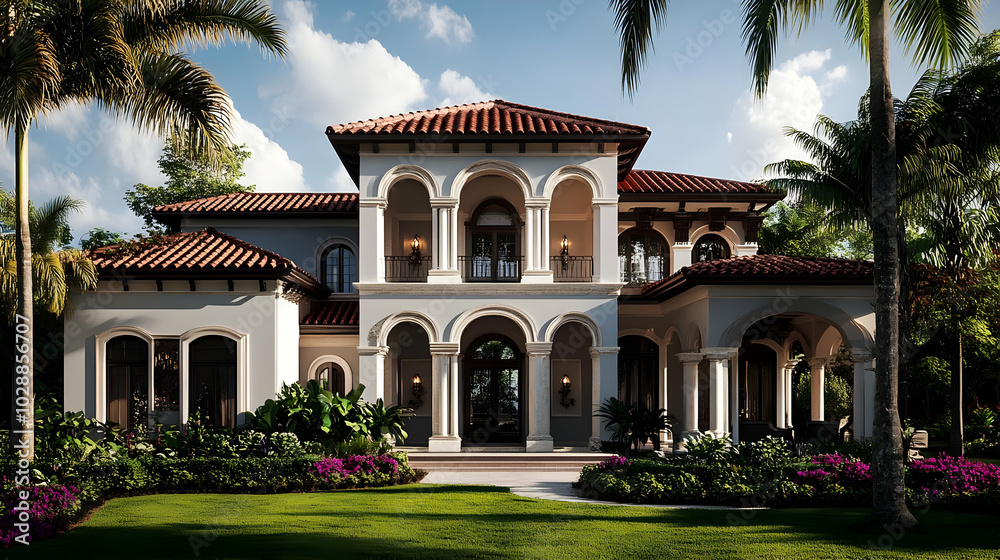 Sticker Elegant Mediterranean-style villa with lush landscaping.