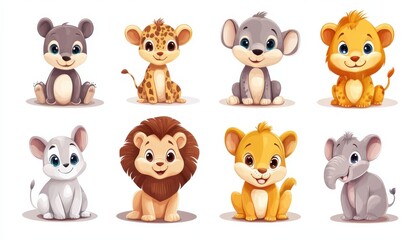 Fototapeta premium Colorful set of cartoon baby animals icons showing wild animal characters