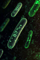 Green bacteria containing digital code concept image.