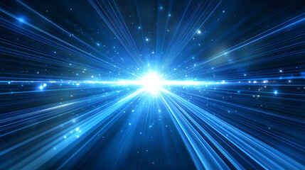 A digital abstract image with blue light rays radiating from a central point, creating a dynamic and energetic composition.