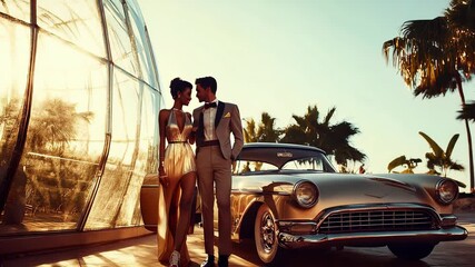 Stylish couple in elegant 1950s-inspired futuristic attire standing beside a vintage car at sunset. Concept of retro luxury and timeless romance.