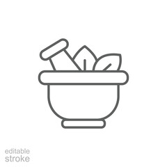 Single mortar pestle line icon, simple natural treatment flat design pictogram, infographic elements. Outline style. Editable stroke
