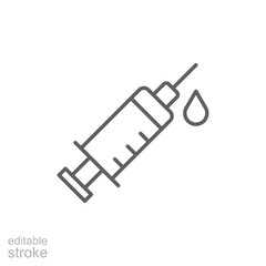 Syringe or injection with drop simple thin line vector icon. Editable stroke