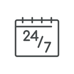 Calendar Icon with 24/7 Symbol for Continuous Availability, Round-the-Clock Scheduling, and Service Management. Editable Line Vector Calendar Design.